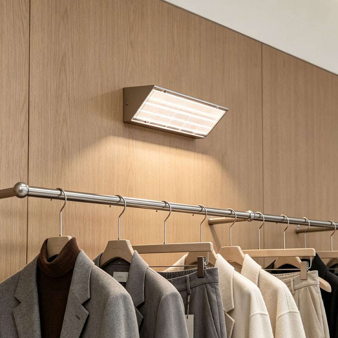 Modern silver wall lights above a wooden clothing rack creating warm ambient lighting in a luxury boutique interior.