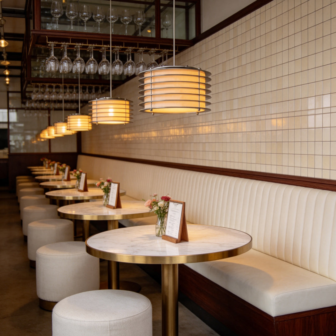 Modern stainless steel pendant light fixtures above restaurant booth seating with warm layered lighting design.