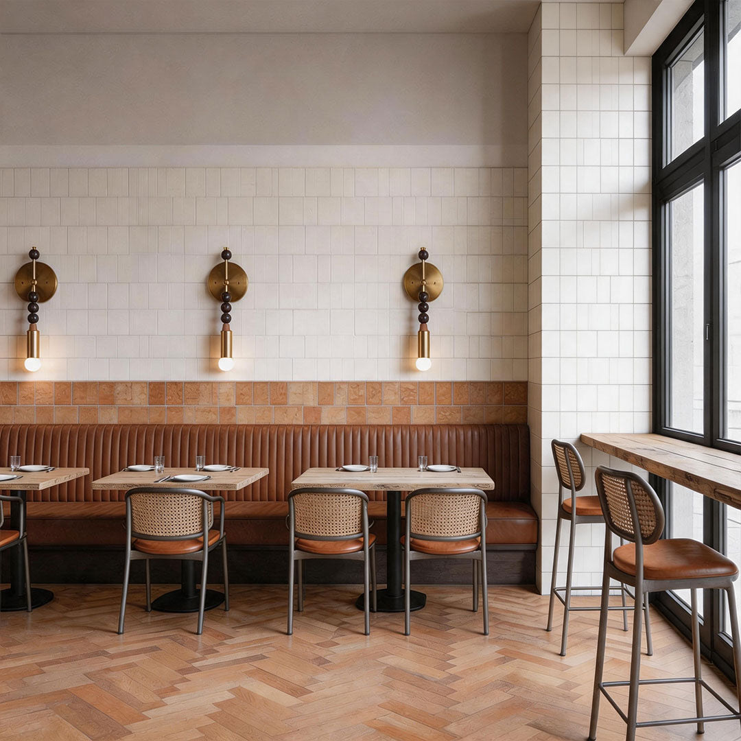 Luxury silver wall lights illuminating a modern restaurant dining area with warm decorative wall lighting accents.
