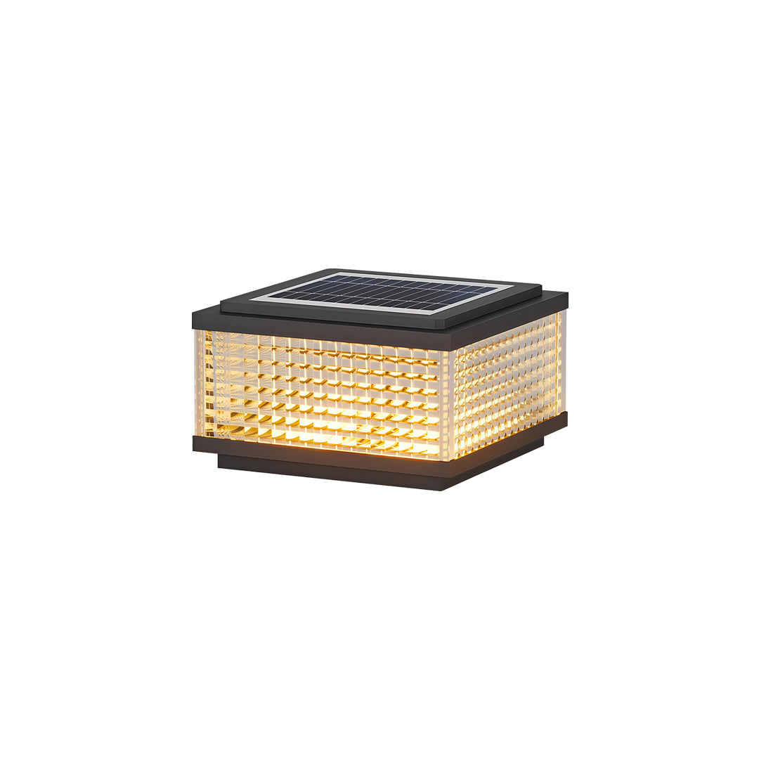 Modern large outdoor solar pillar lights isolated on white background with square solar-powered lantern design.