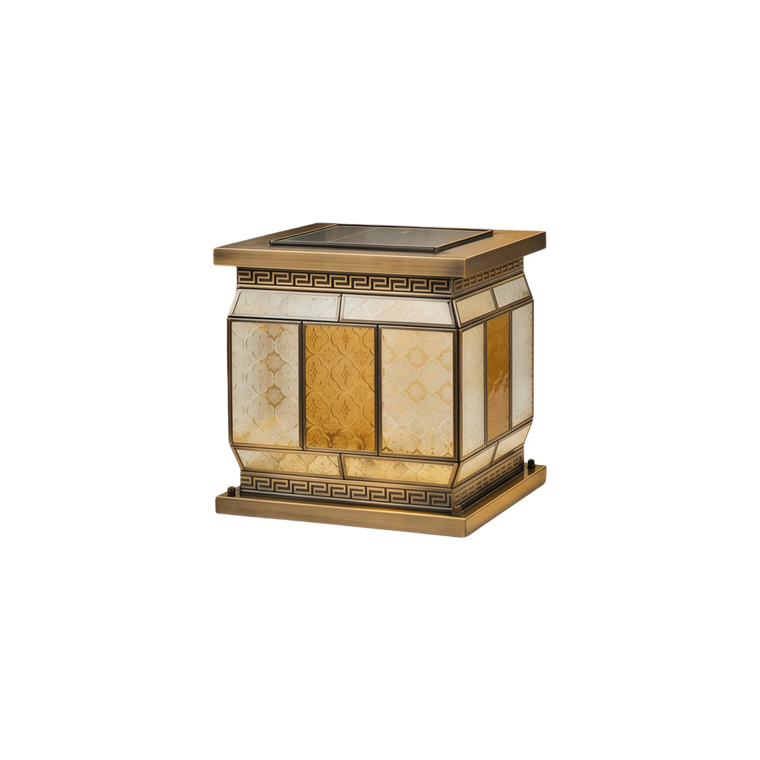Silver wall lights decorative outdoor lantern with warm illumination and modern solar powered top.