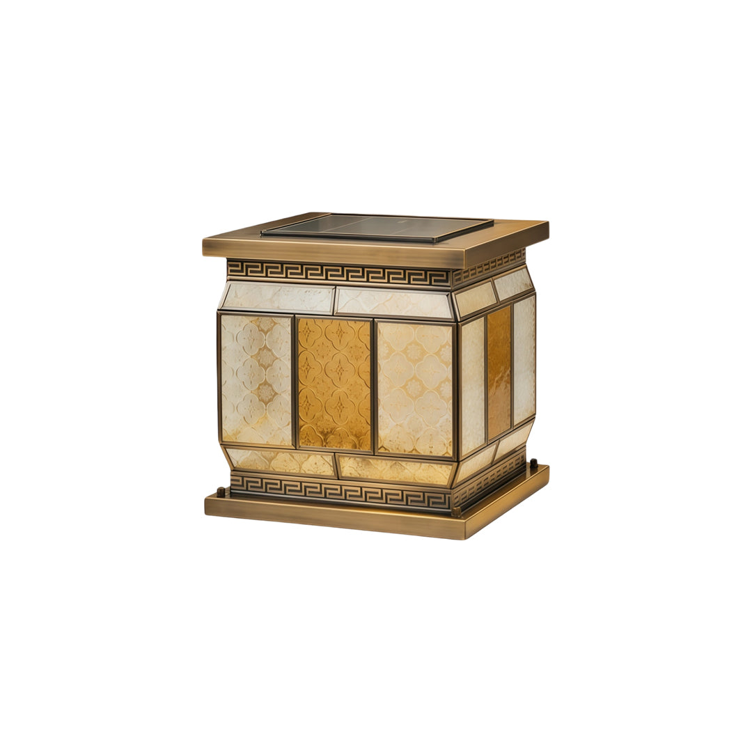 Silver wall lights outdoor pillar lantern with ornate patterned glass panels and metallic finish.