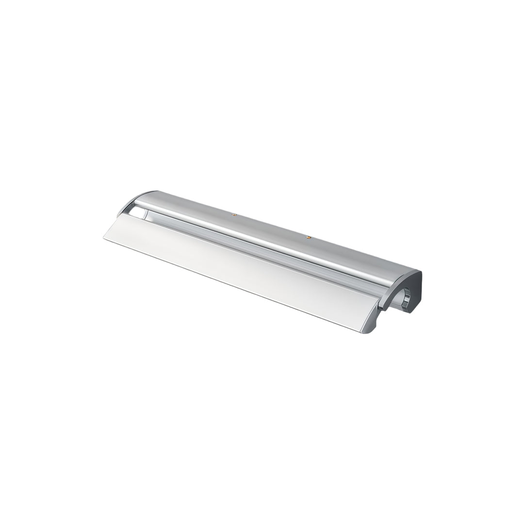 Elegant silver wall lights with slim LED vanity bar profile isolated on a neutral white studio background.