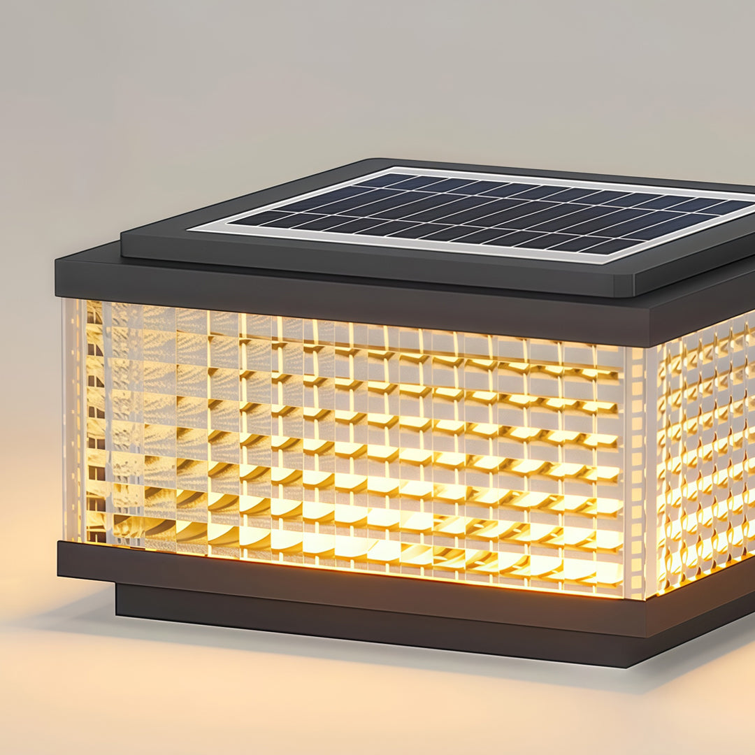Detailed top view of large outdoor solar pillar lights showing integrated photovoltaic solar charging panel.