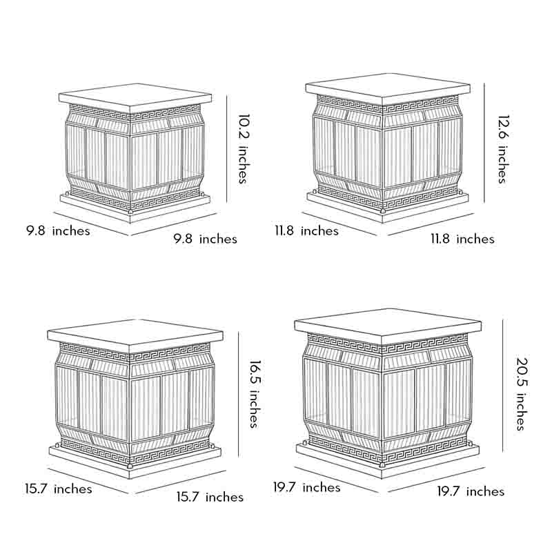 Silver wall lights technical dimension drawing of outdoor solar pillar lantern with measurement details.
