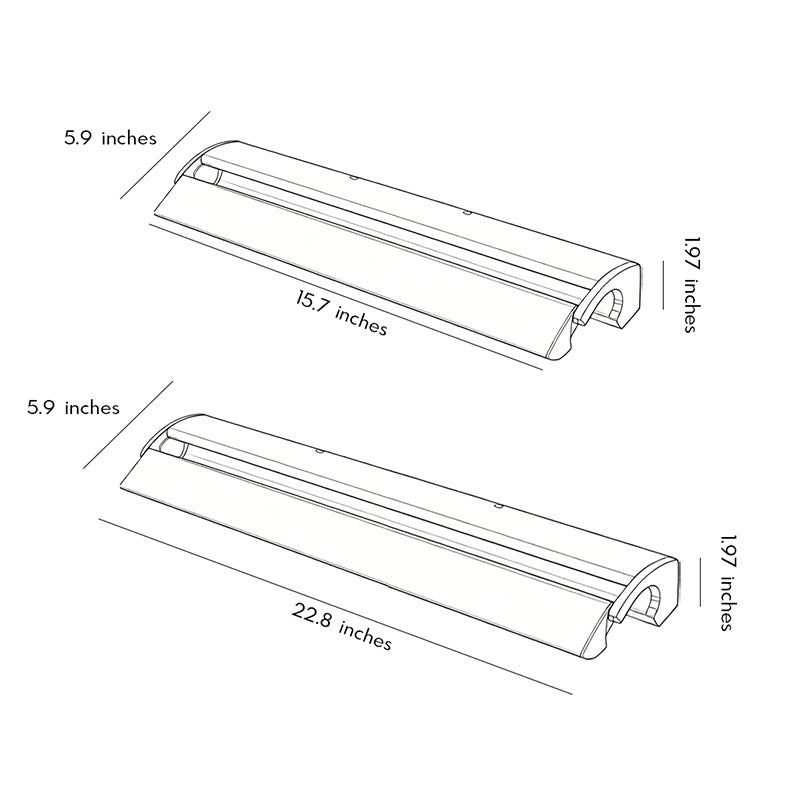 Technical drawing of silver wall lights showing dimensions and modern linear vanity bar light specifications.