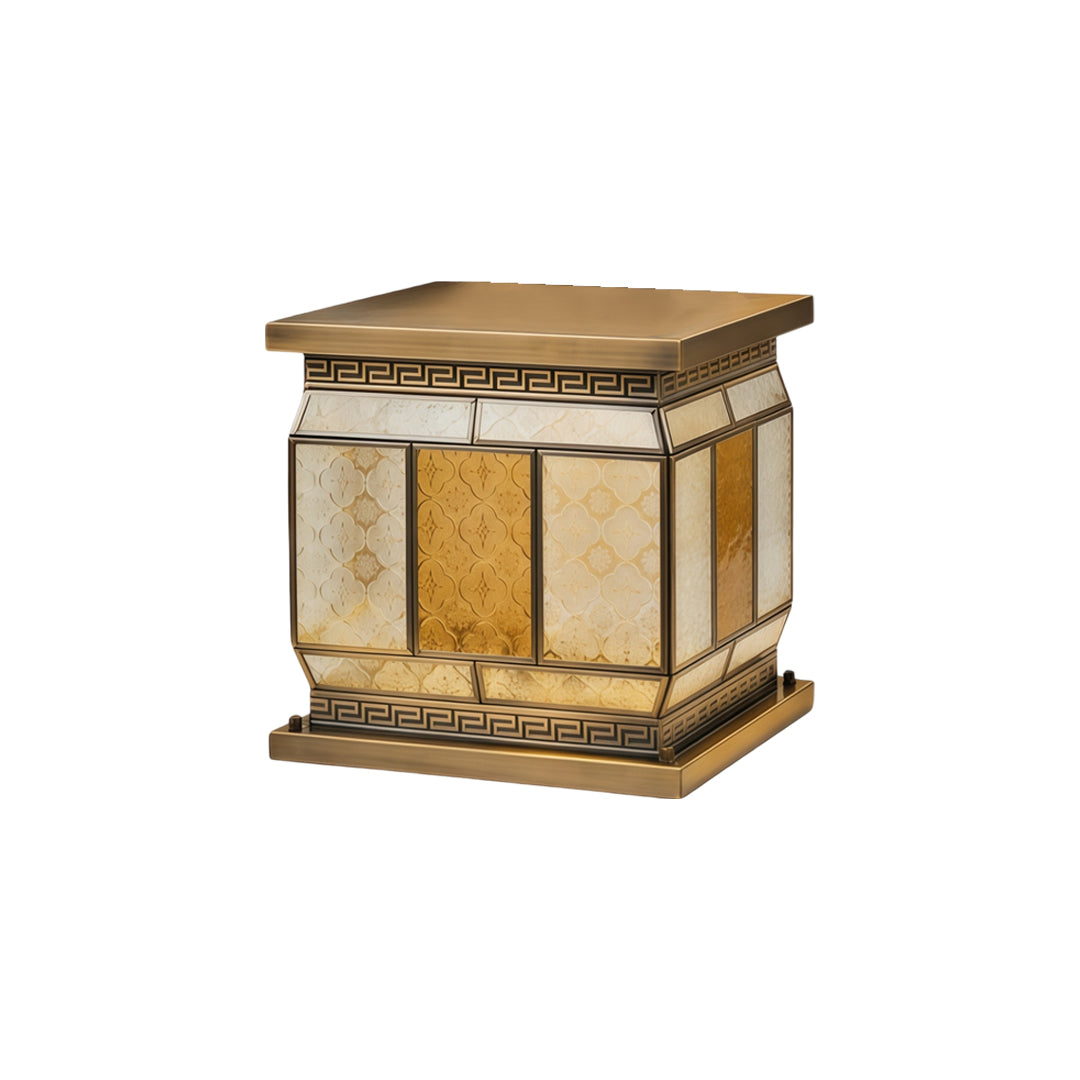 Silver wall lights compact illuminated lantern for outdoor pillars with elegant textured glass design.