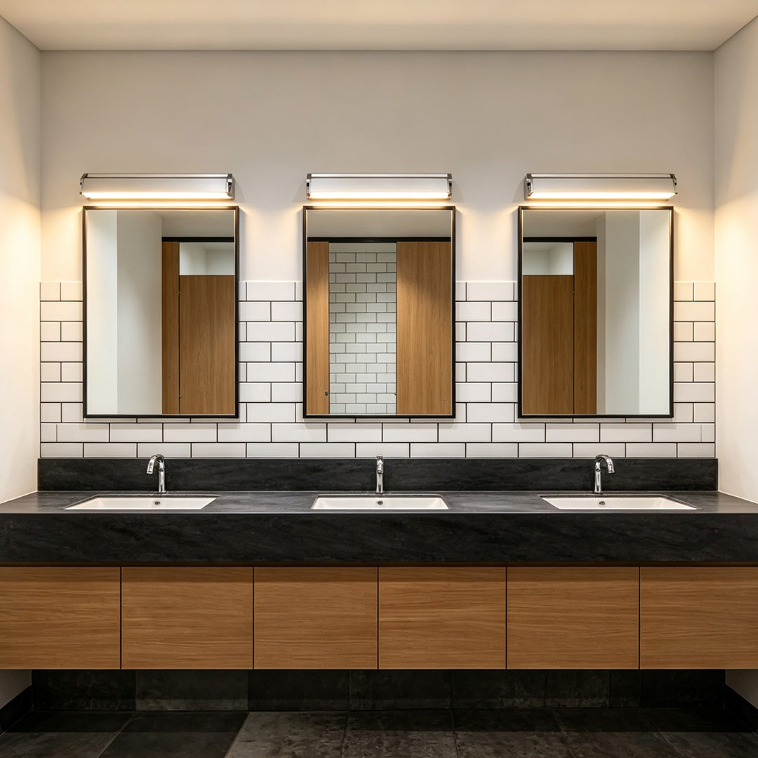 Luxury silver wall lights above triple bathroom mirrors in a sophisticated vanity area with warm ambient lighting.