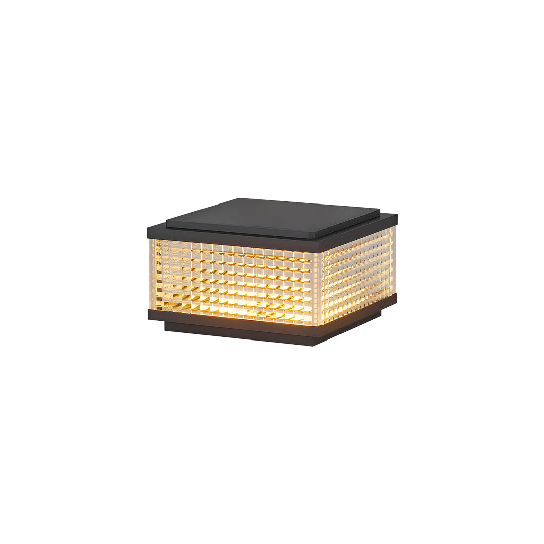 Modern large outdoor solar pillar lights with woven textured diffuser isolated on white background.