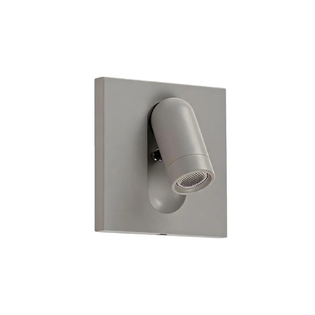 Silver wall mounted LED reading light featuring a clean square backplate and adjustable head.
