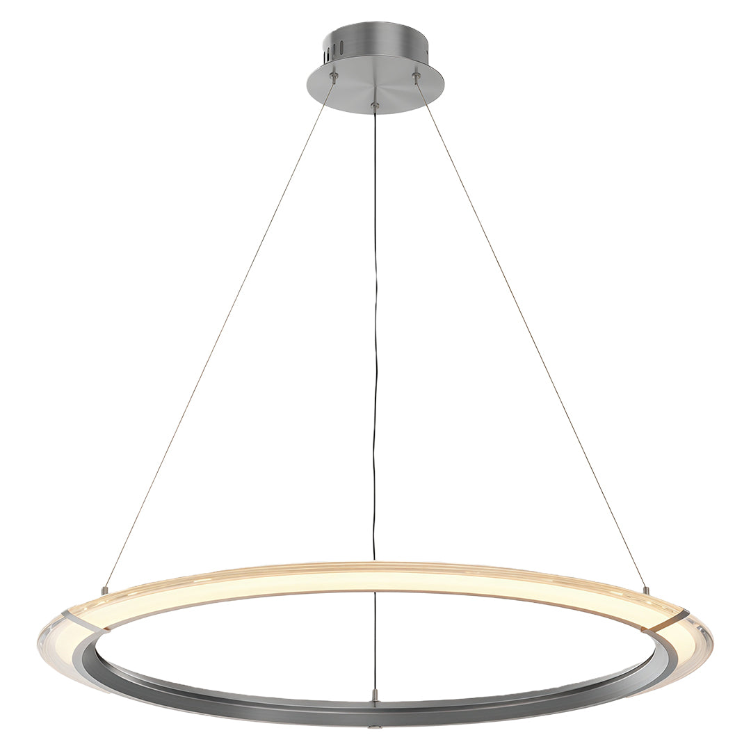 Silver modern round chandelier featuring a wide illuminated ring and suspended cables.