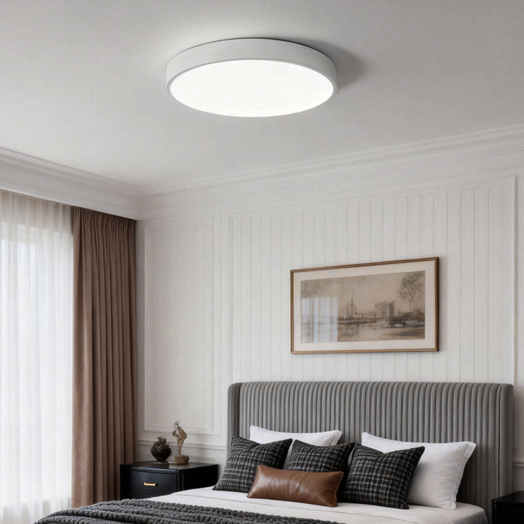 Simple flush mount ceiling light installed in a contemporary bedroom interior.