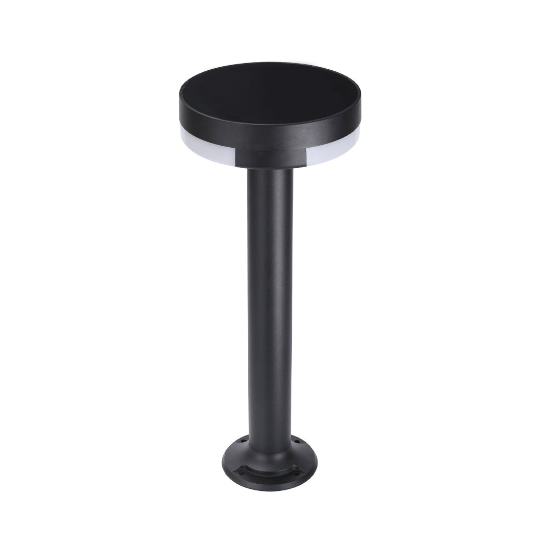Simple modern pathway lighting with circular black head mounted on straight cylindrical post