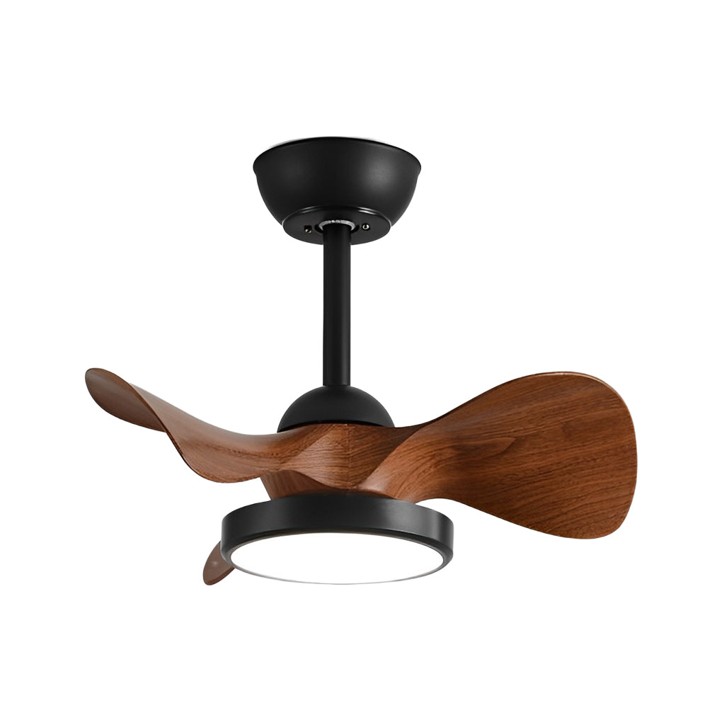 Simple white ceiling fan with light in black and wood finish combination, blending modern and natural elements.