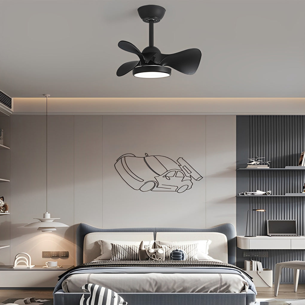 Simple white ceiling fan with light installed in a modern gray bedroom, enhancing comfort with soft overhead illumination.