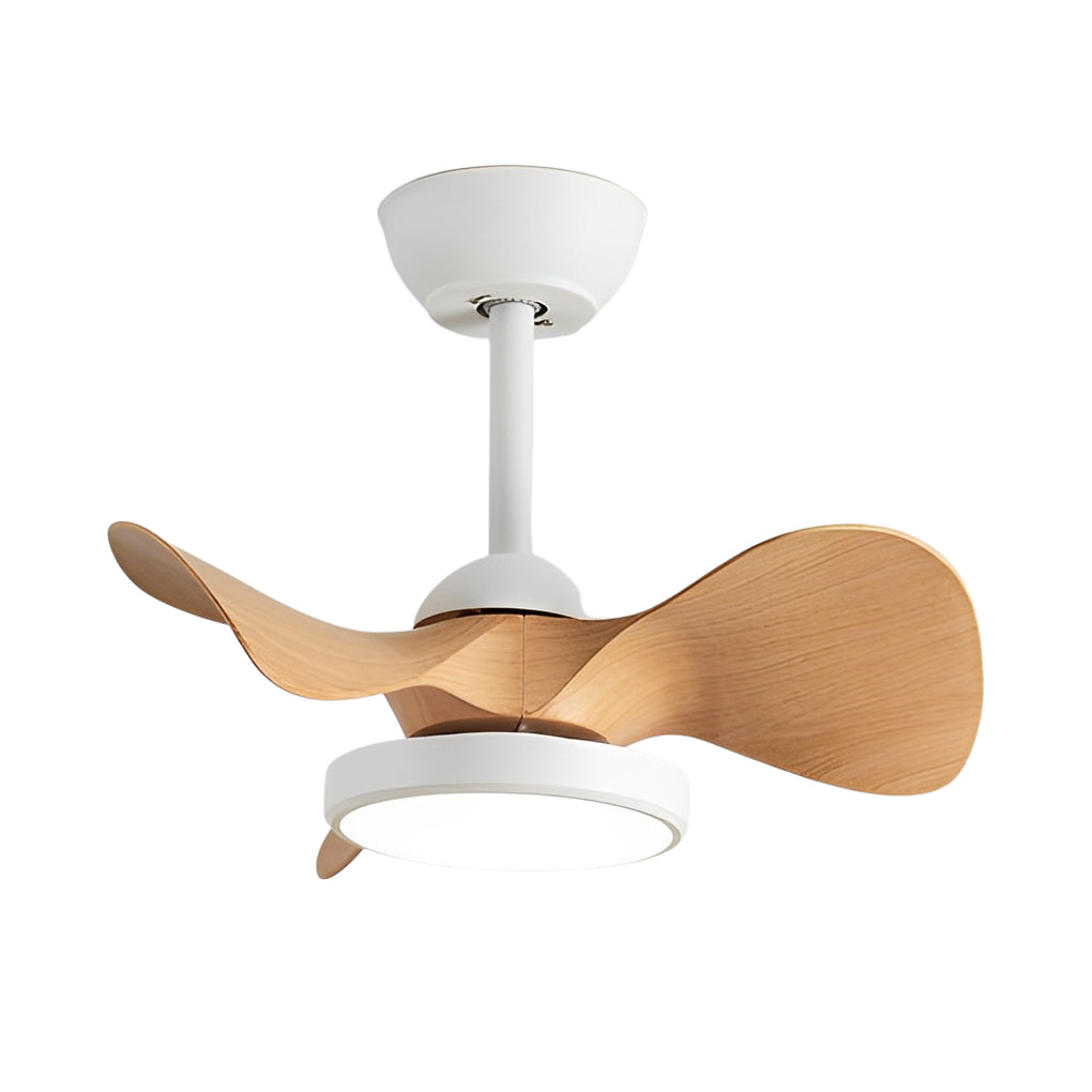 Simple white ceiling fan with light mounted on a longer downrod, suitable for higher ceilings and open spaces.