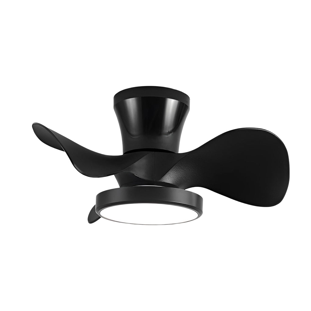 Simple white ceiling fan with light isolated on white background, highlighting modern blade shape and compact design.