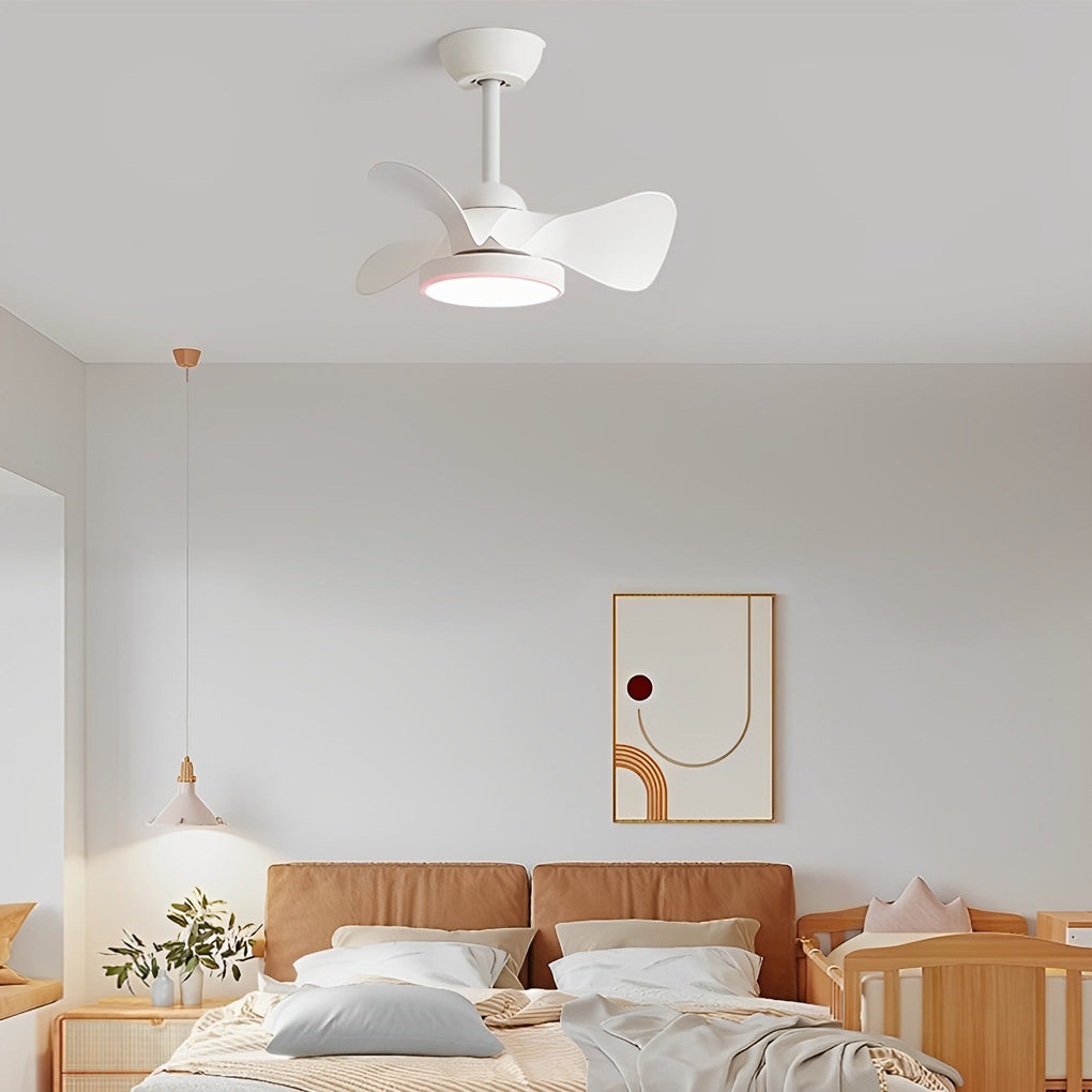 Simple white ceiling fan with light in a Scandinavian-style bedroom, combining clean lines with natural textures.