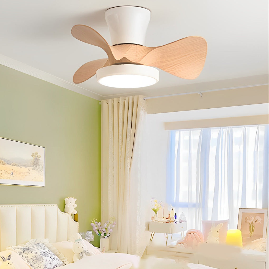 Simple white ceiling fan with light featuring light wood-tone blades, adding warmth to a modern bedroom setting.