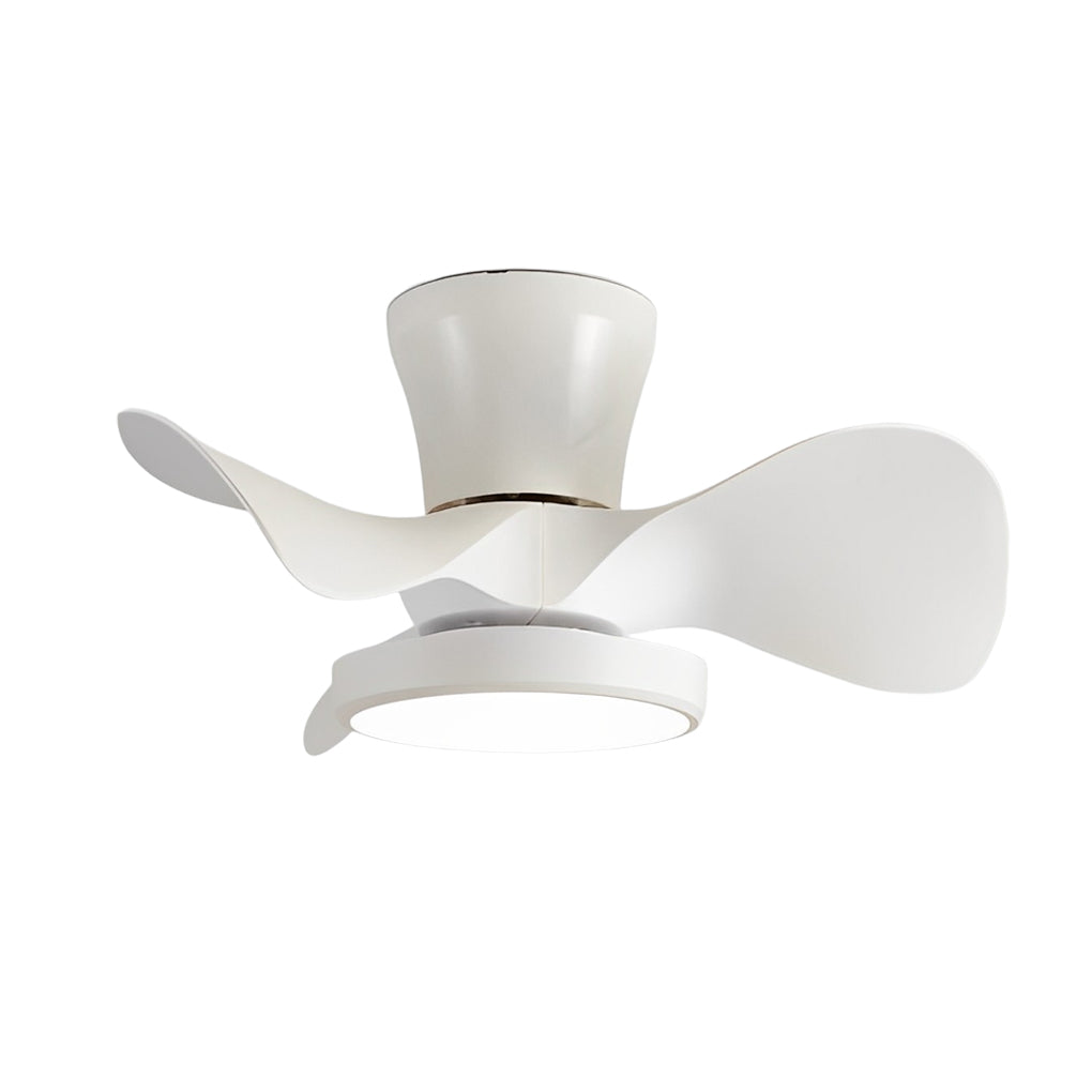 Detail view of simple white ceiling fan with light featuring natural wood blade texture and clean craftsmanship.