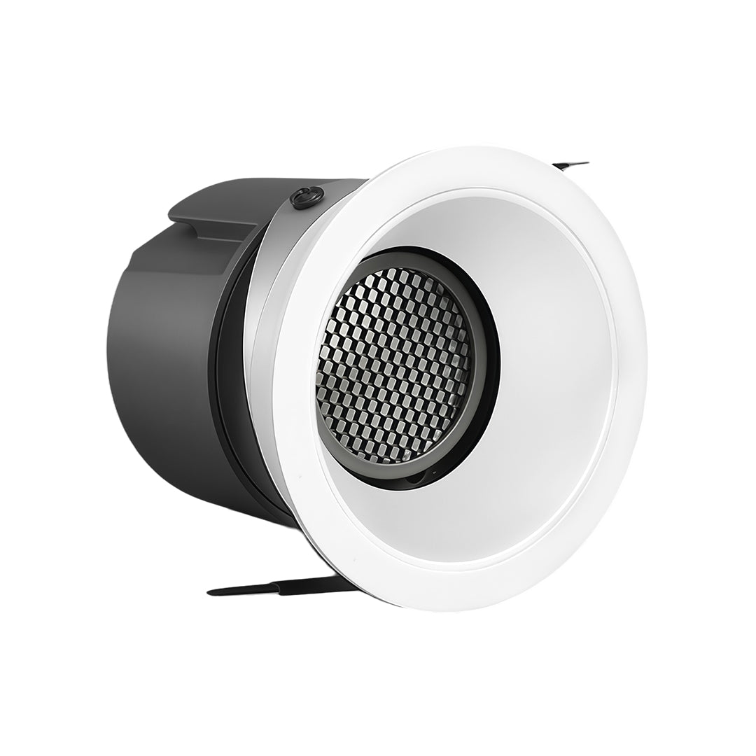 Single adjustable downlight with white housing and honeycomb anti-glare reflector for directional lighting