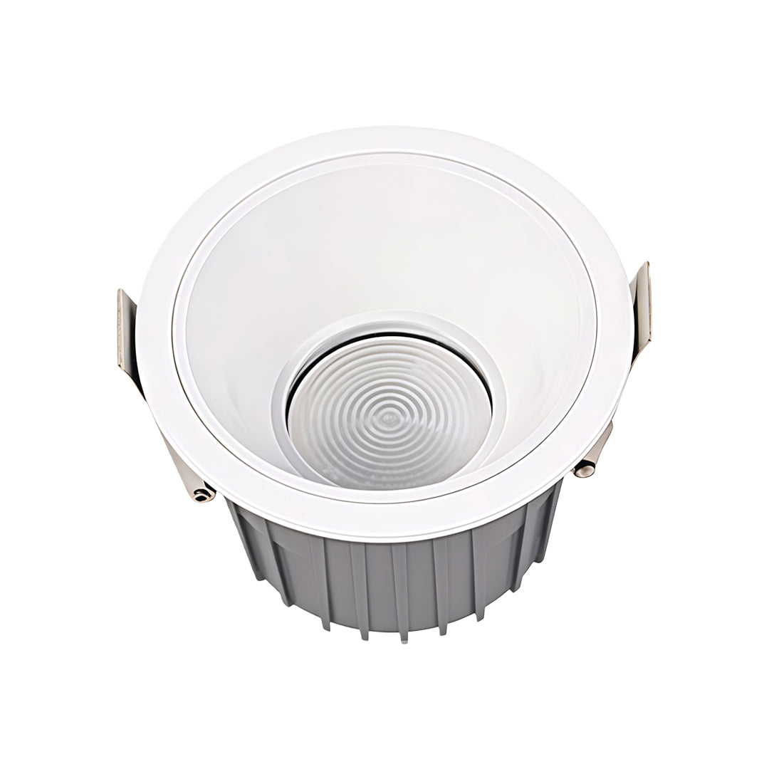 Single anti glare downlight with white trim and deep recessed design for reduced glare
