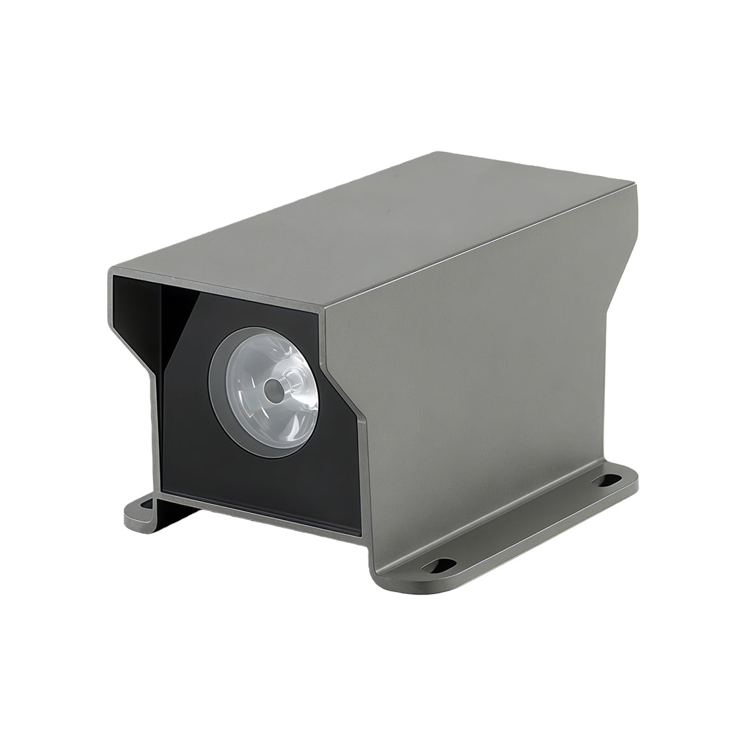 Single-beam LED outdoor wall wash light in modern gray aluminum housing.