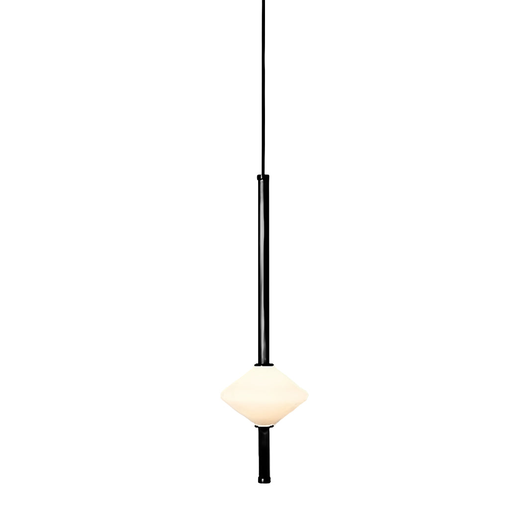 Contemporary bedside pendant light featuring spherical white shade and sleek black drop design