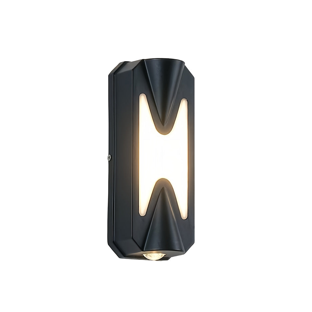 Single black up down outdoor wall light fixture with modern curved design on white background.