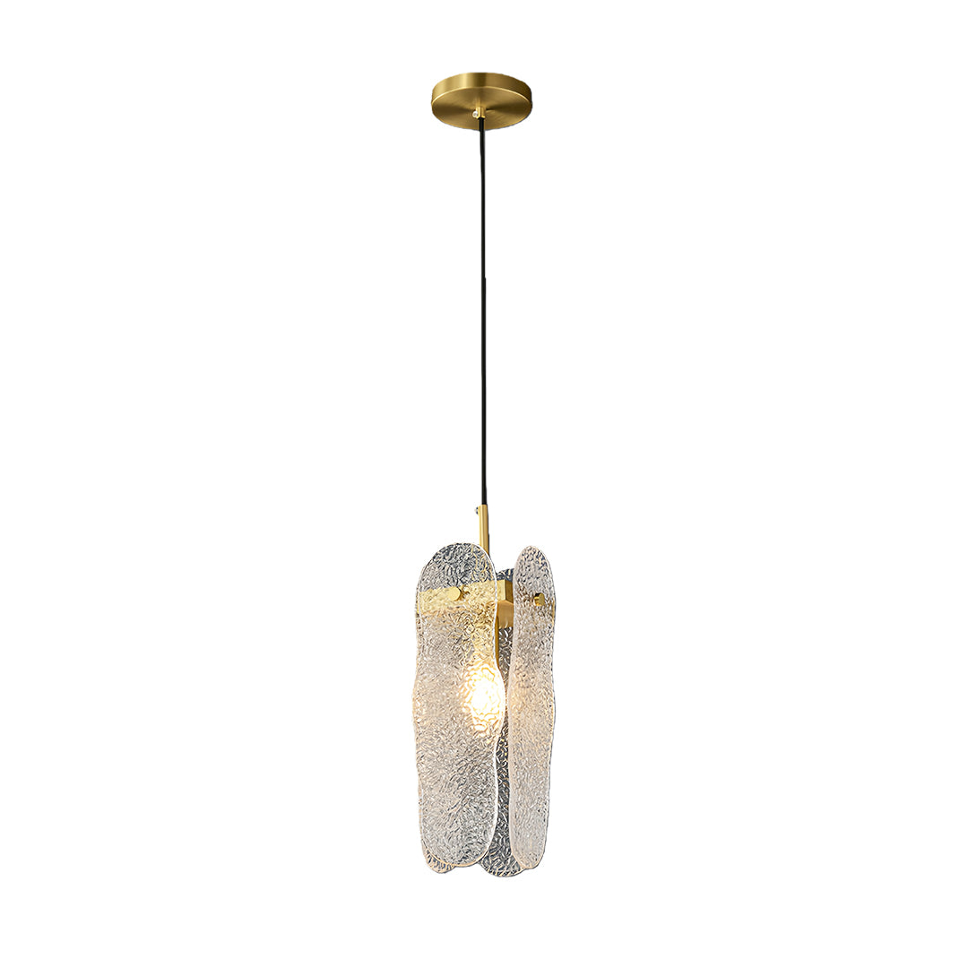 Single brass glass pendant light with cylindrical textured glass shade and gold metal canopy on white background.