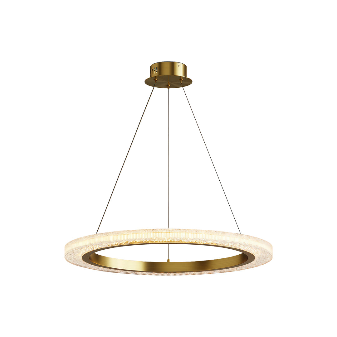 Modern luxury chandeliers with single brass ring and crystal-embedded LED band design