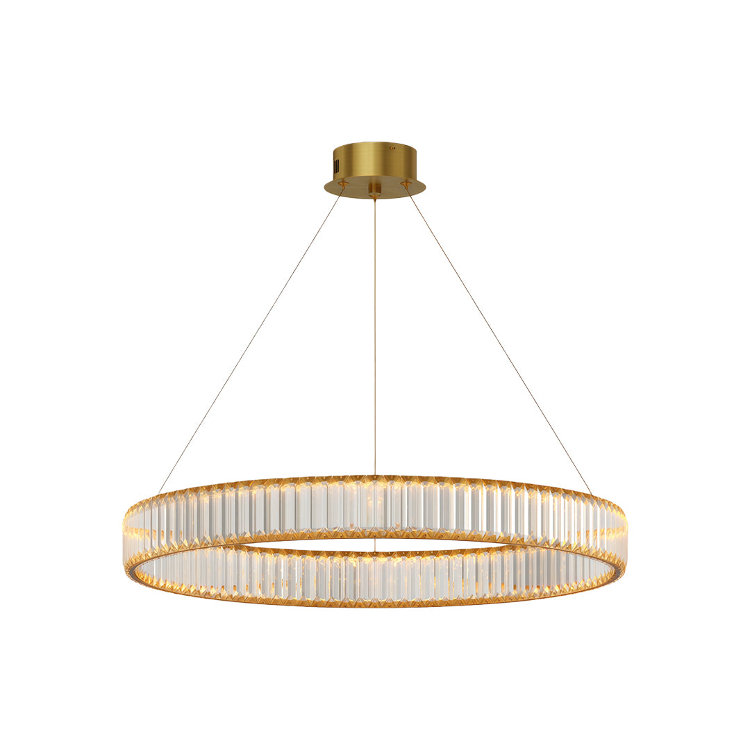 Modern luxury chandeliers with single circular brass frame and vertical crystal glass rods
