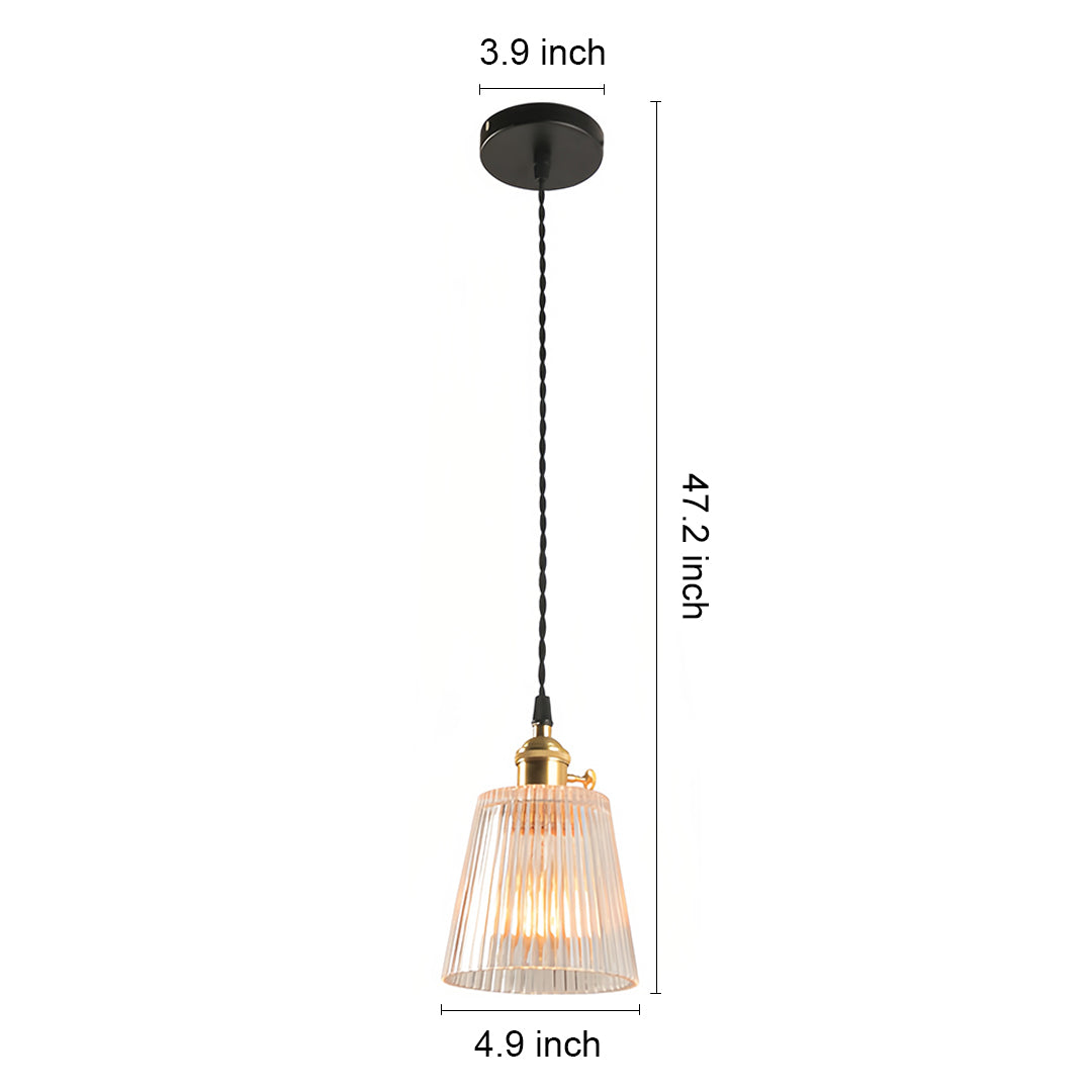 Single clear glass pendant light with ribbed texture and brass fitting for modern interior lighting