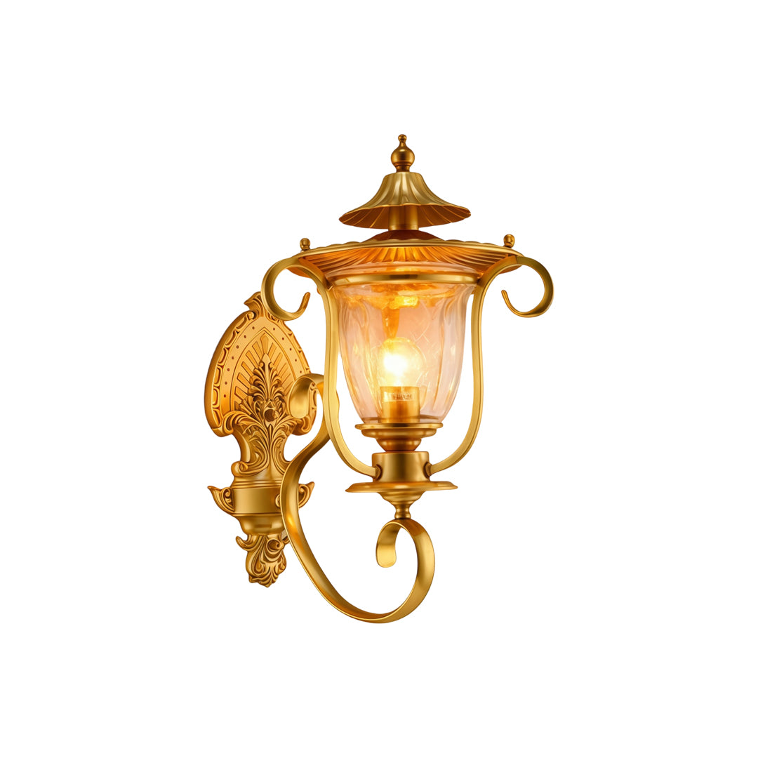 Single Copper Outdoor Wall Sconces isolated on white background with decorative curved arm and lantern fixture.