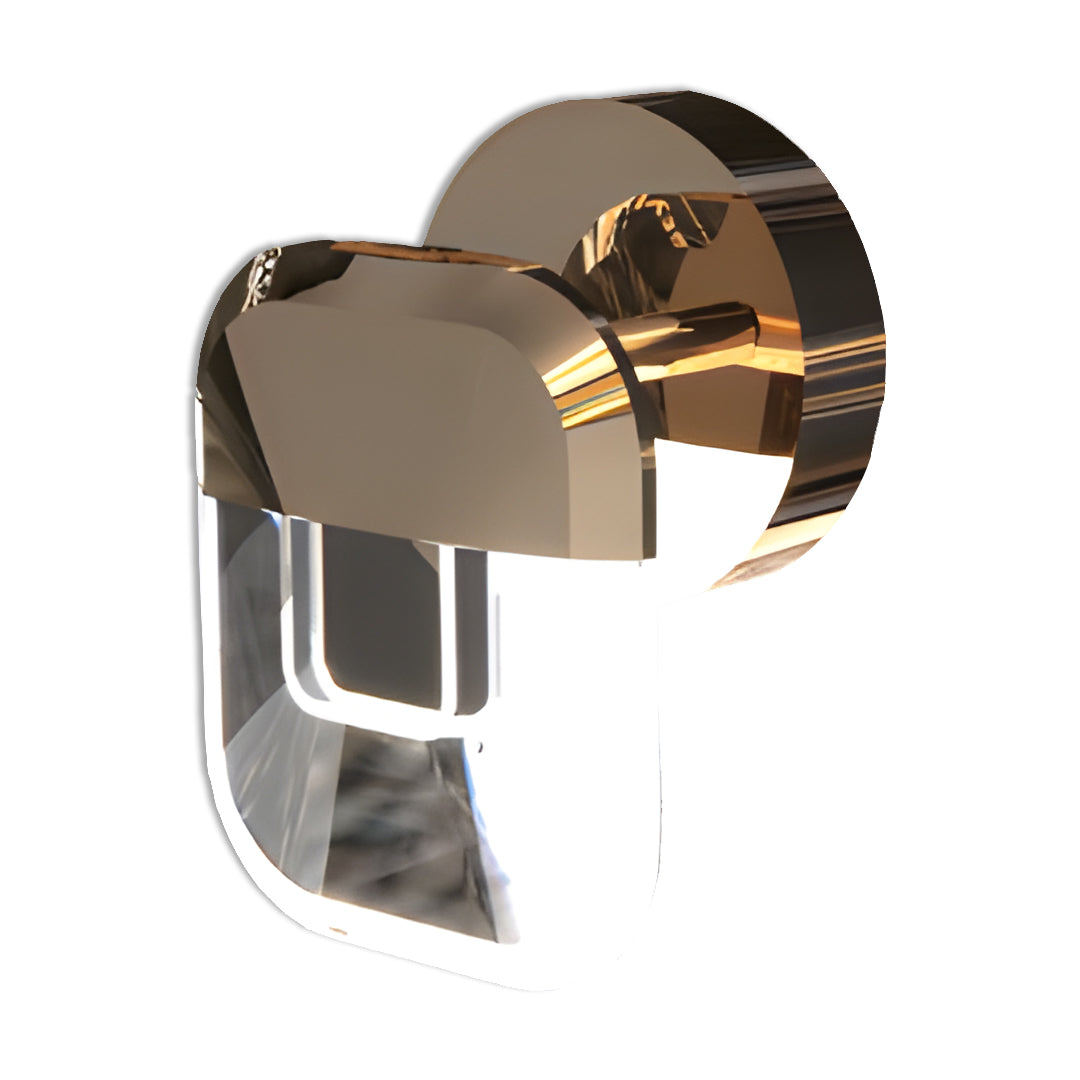 Single crystal wall sconce lighting showcasing geometric glass shade with decorative bronze wave accent element