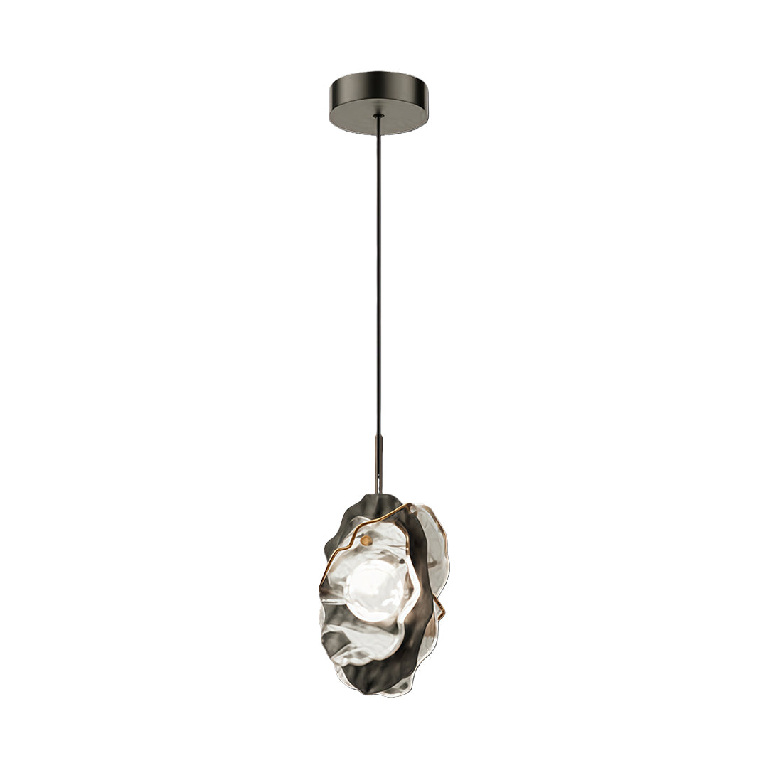 Single fun pendant light with sculptural layered glass shade and black metal canopy on white background