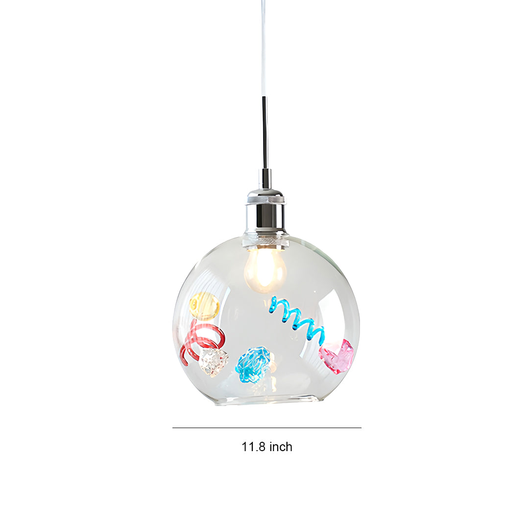 Single globe colorful glass pendant lights measuring 11.8 inch diameter for kitchen island grouping.