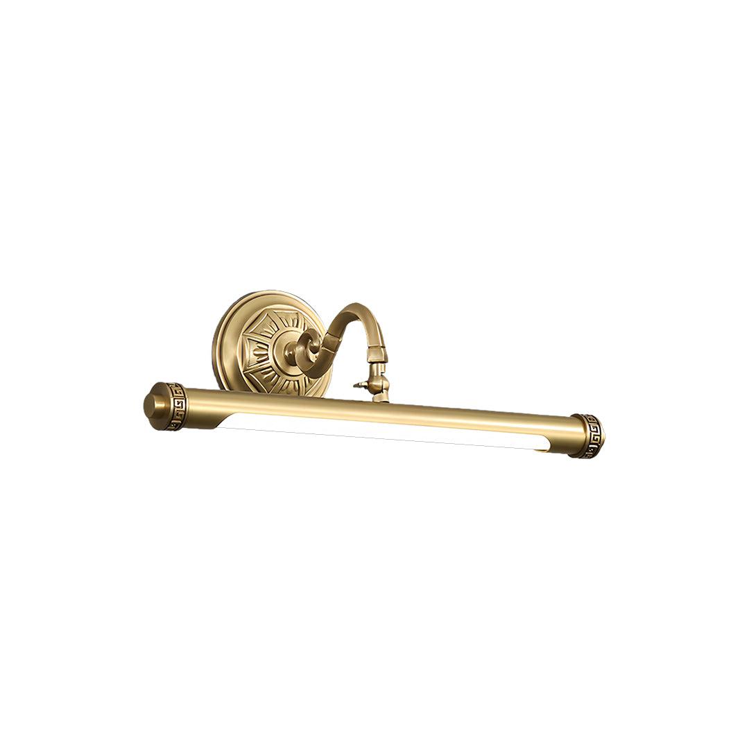 Single gold bathroom vanity light with decorative mount and sleek horizontal bar design