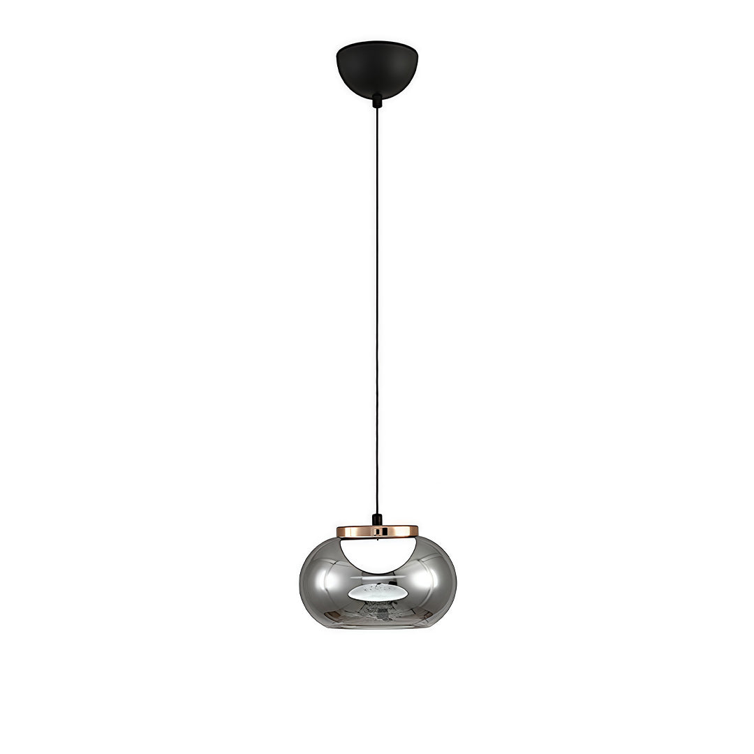 Single gray glass pendant light with smooth dome shade and black ceiling canopy on white background.