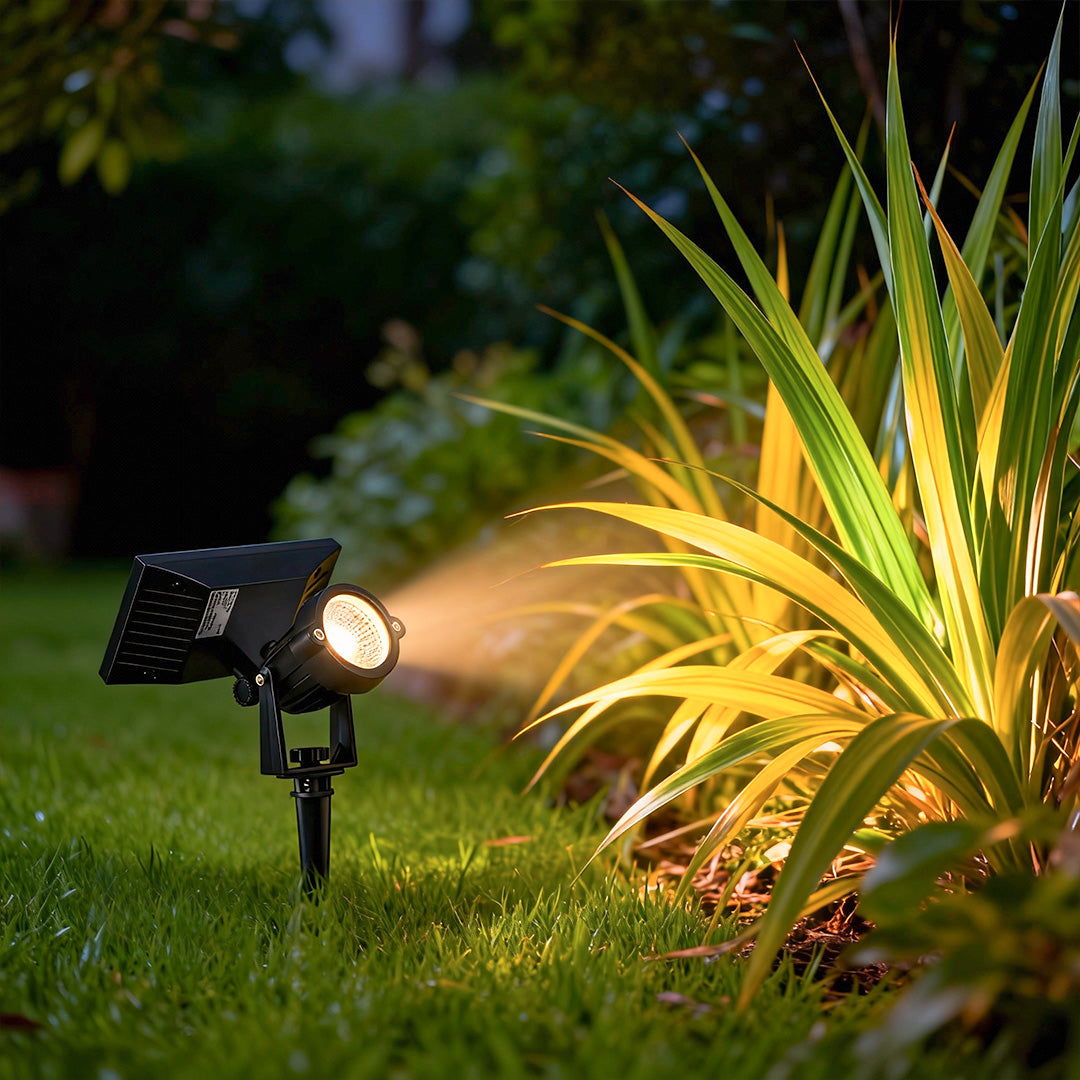 Single ground spike solar light highlighting ornamental plants with warm white illumination at night.