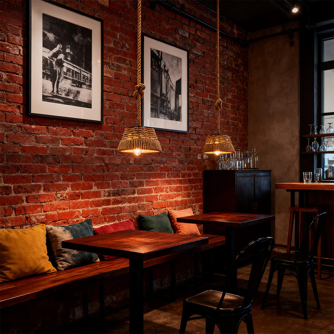 Single hanging rope pendant lights providing warm, focused light over a deep red booth and rustic wooden table.