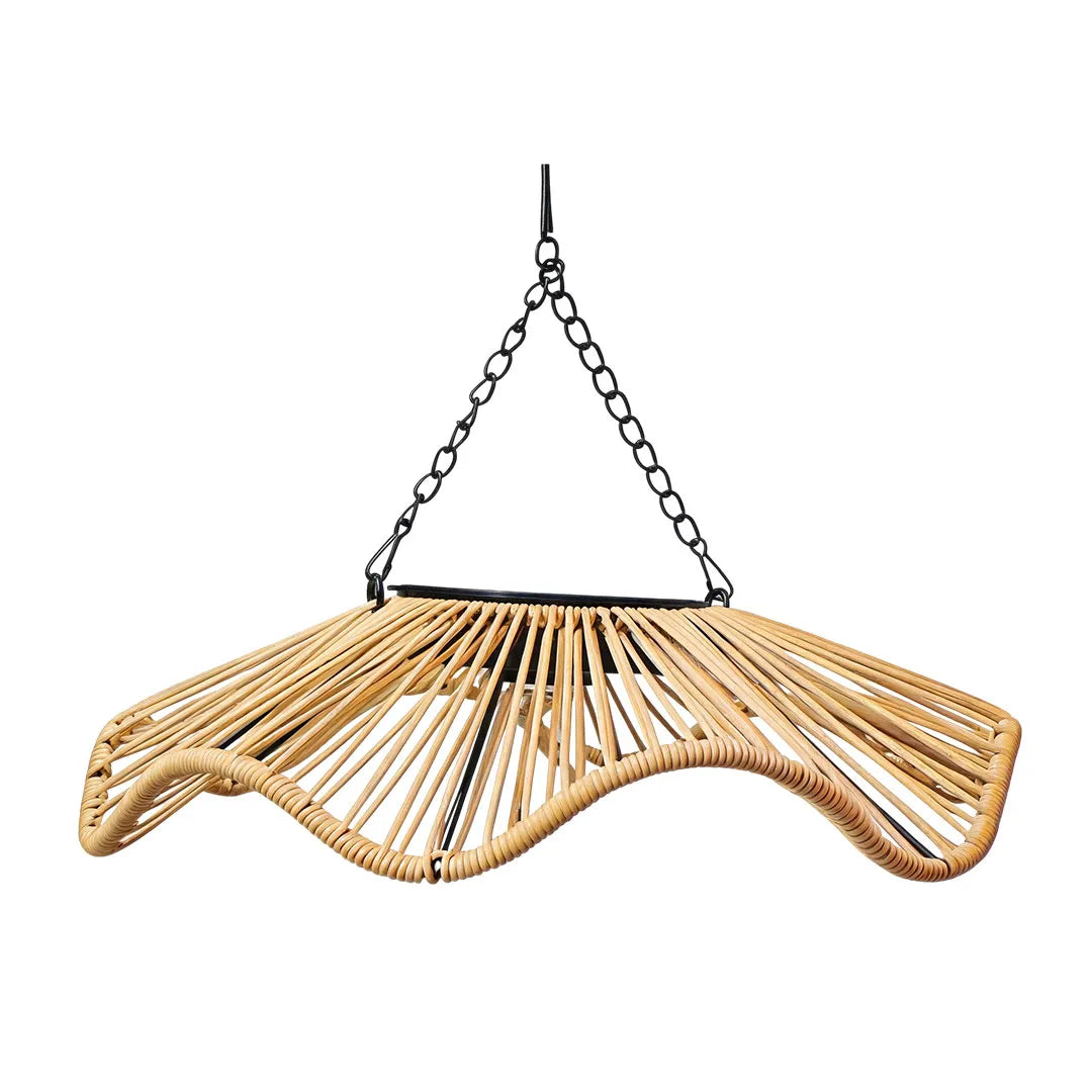 Outdoor woven pendant light with a single-layer flower-shaped rattan shade and chain suspension.