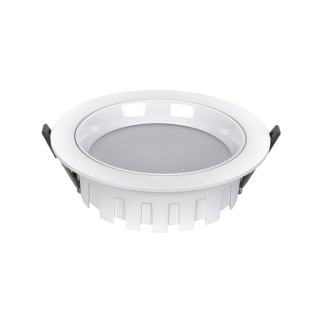 Single LED recessed downlight with round white trim and reflective interior on white background