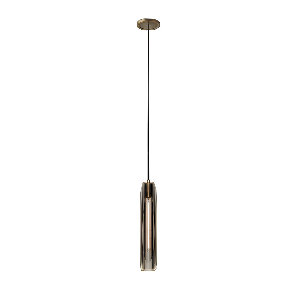 Single long crystal pendant light with a slim hanging rod and gold ceiling canopy shown on a white background.