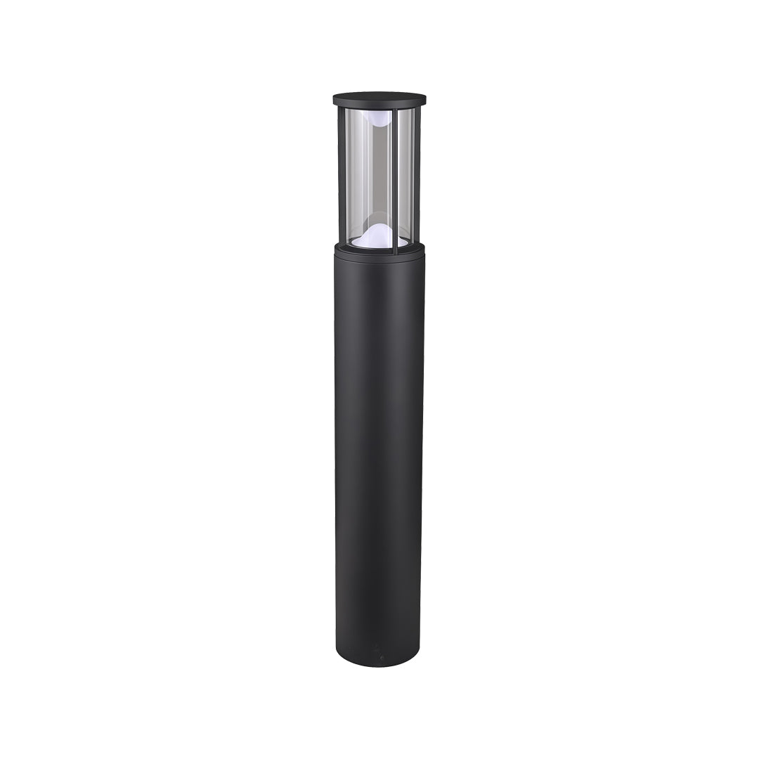 Single modern black Landscape Bollard Lights fixture isolated on white background with cylindrical outdoor design.