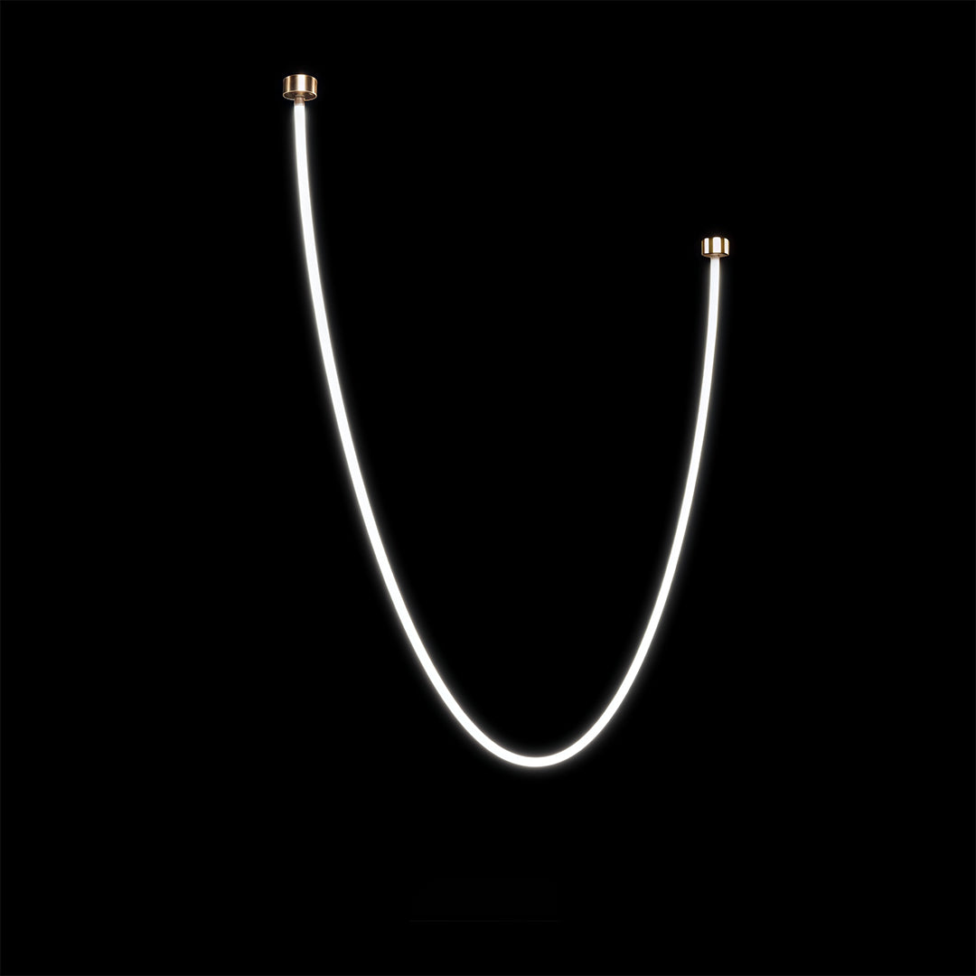 Single neon pendant light with simple curved form creating gentle arc on black background.