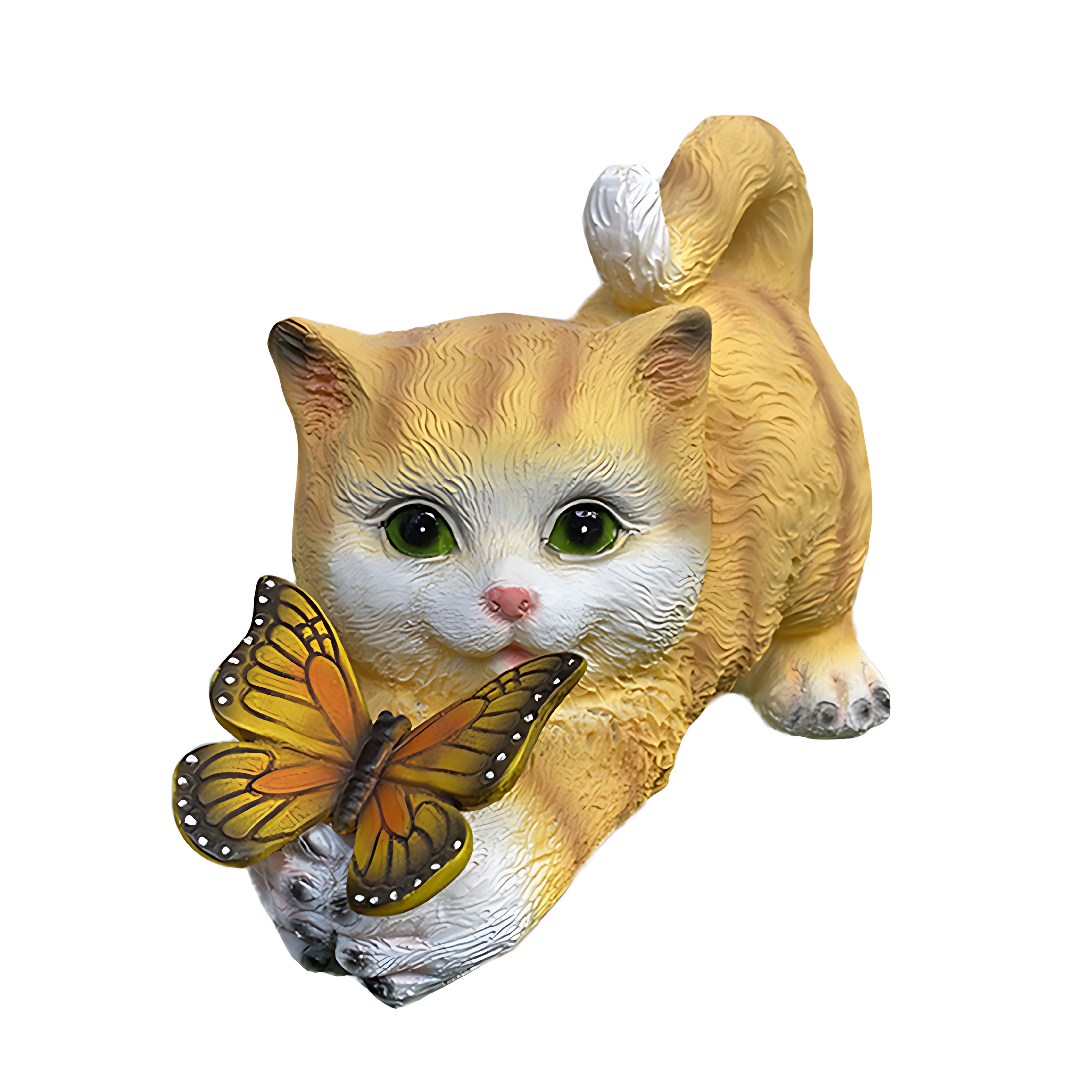 Single orange kitten figurine with glowing butterfly decoration on neutral background
