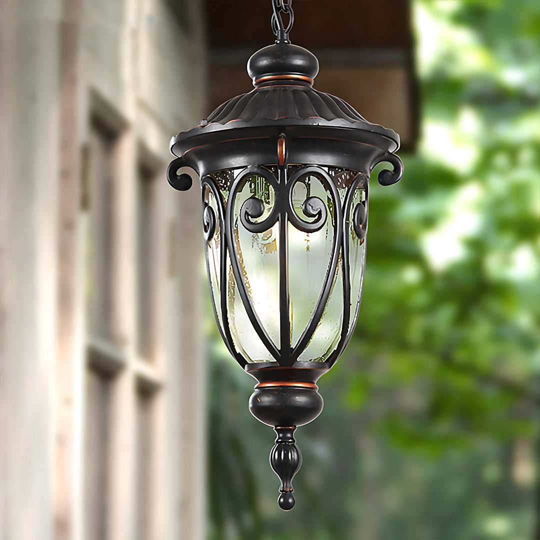 Single pendant lantern hanging outdoors with natural foliage background during daytime