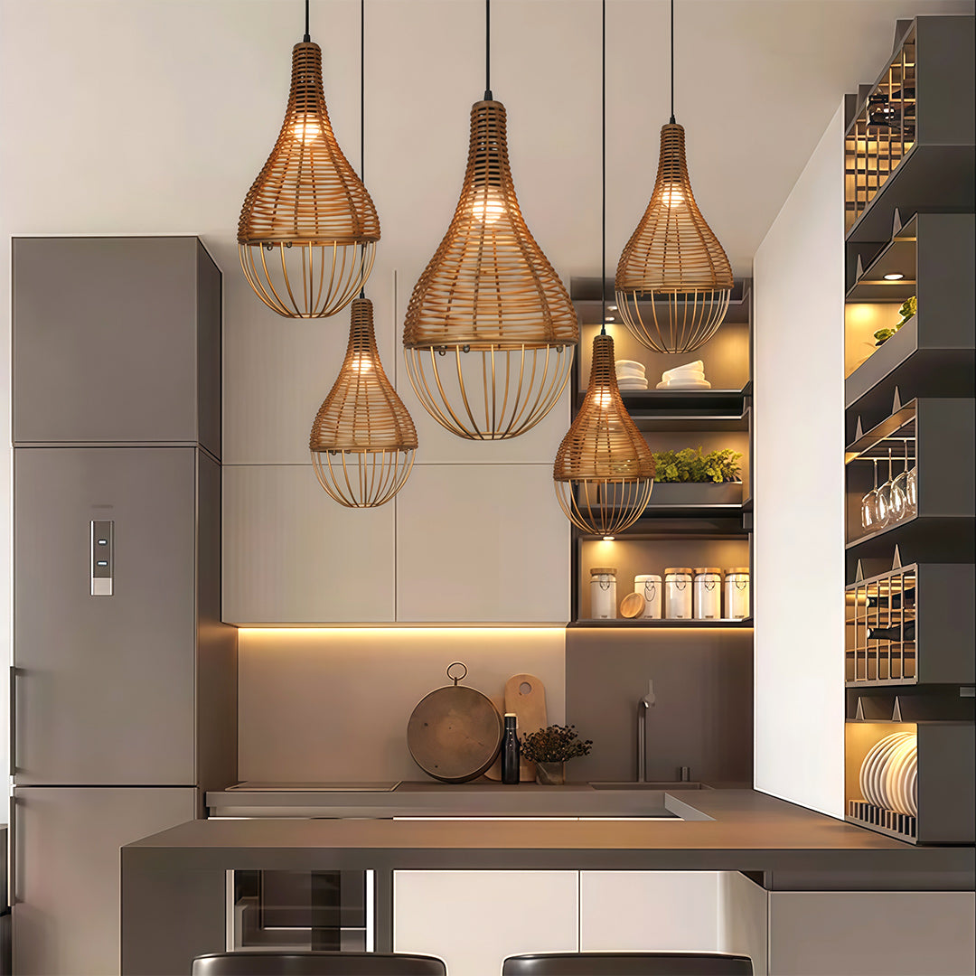 Single rattan pendant light shade suspended in a modern interior, showcasing its rustic charm.