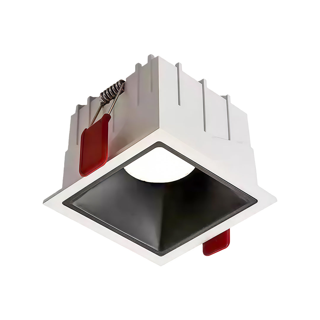 Single recessed square led downlights fixture with a white trim and a contrasting black inner baffle.